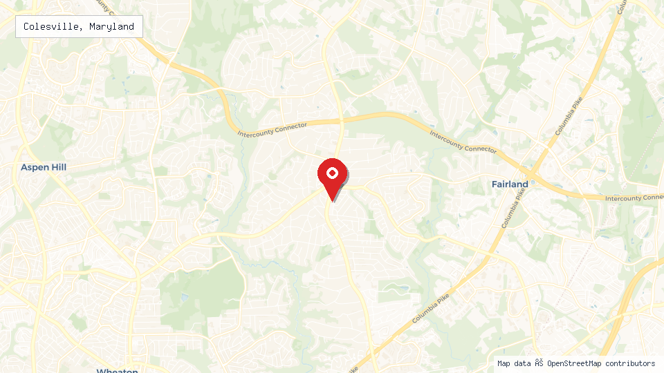 Street map of Colesville, Maryland with location pin