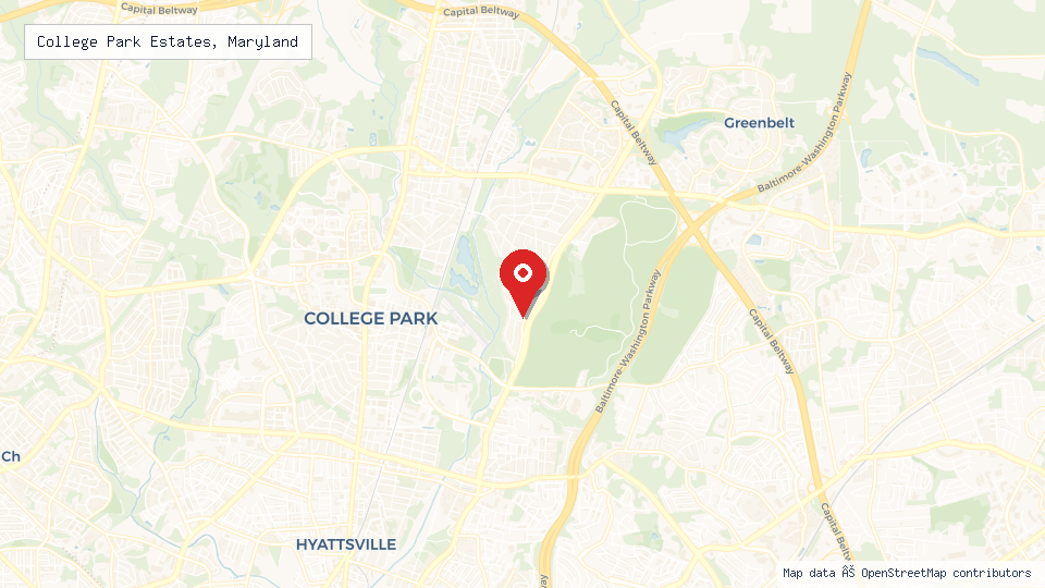 Street map of College Park Estates, Maryland with location pin