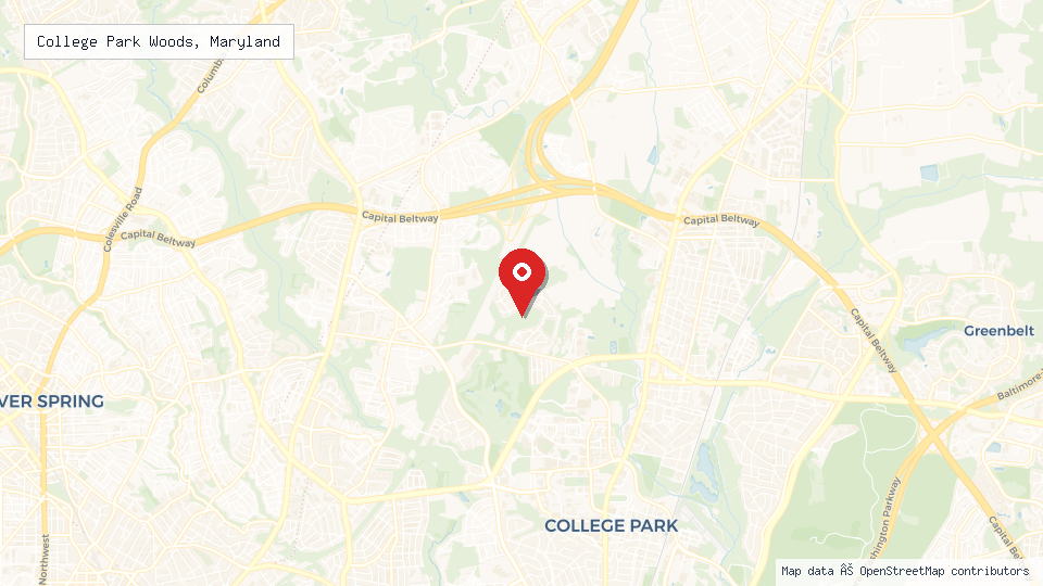 Street map of College Park Woods, Maryland with location pin