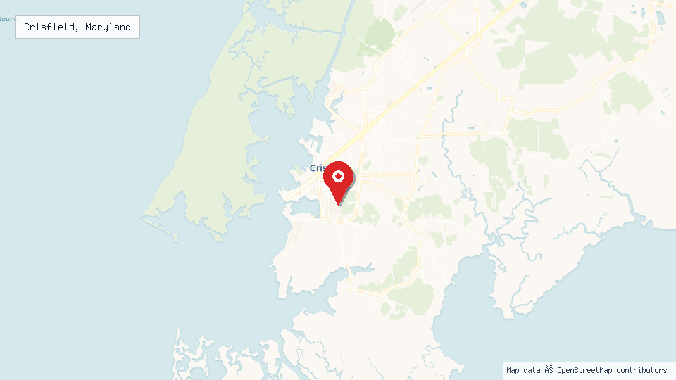 Street map of Crisfield, Maryland with location pin