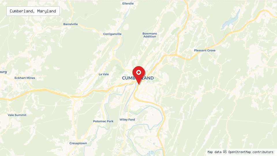 Street map of Cumberland, Maryland with location pin