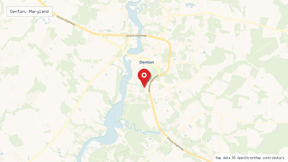 Street map of Denton, Maryland with location pin