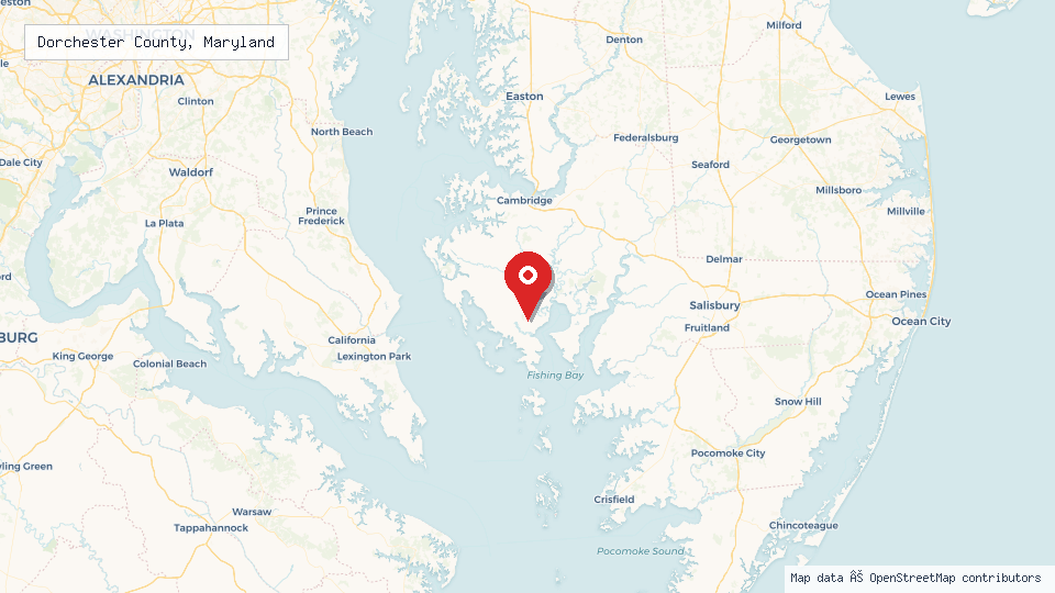 Street map of Dorchester County, Maryland with location pin