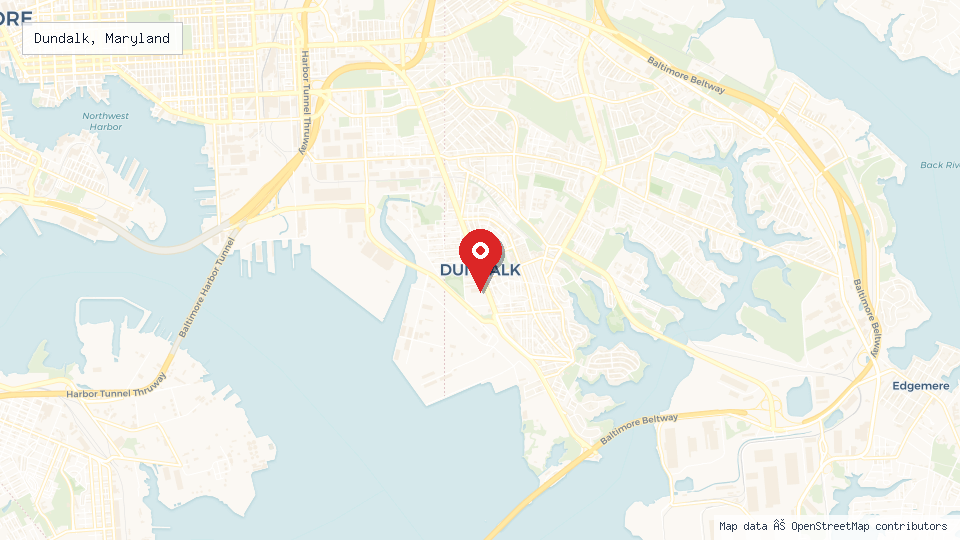 Street map of Dundalk, Maryland with location pin