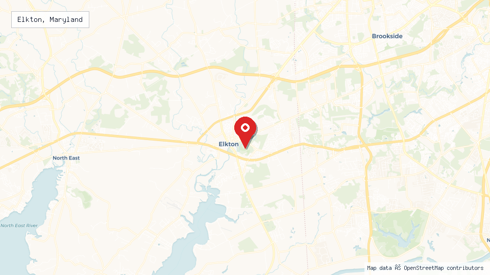 Street map of Elkton, Maryland with location pin