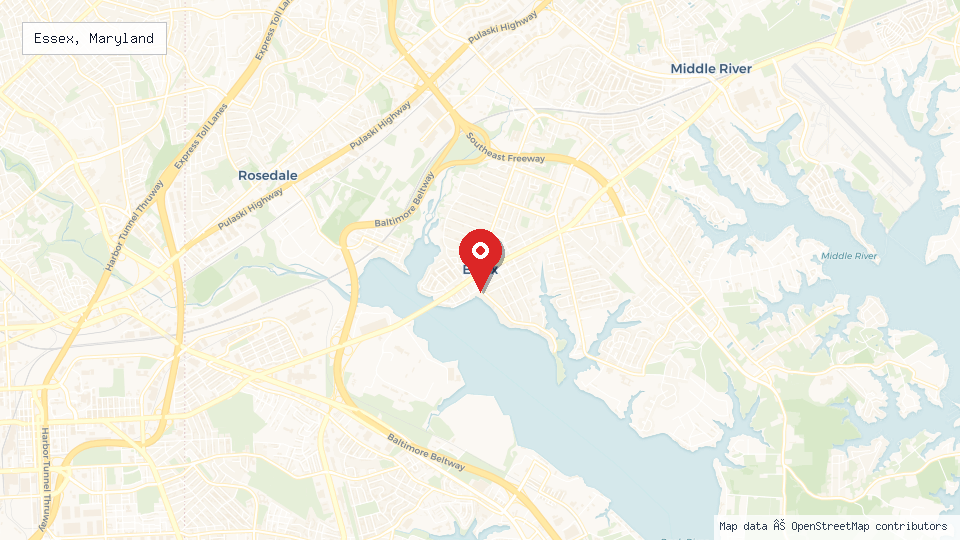 Street map of Essex, Maryland with location pin