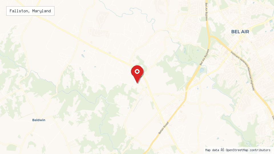 Street map of Fallston, Maryland with location pin