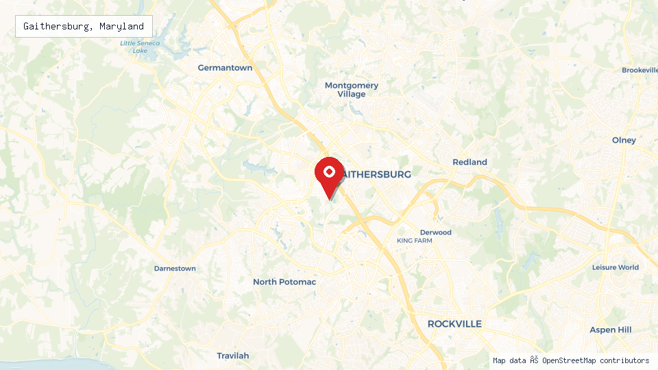 Street map of Gaithersburg, Maryland with location pin
