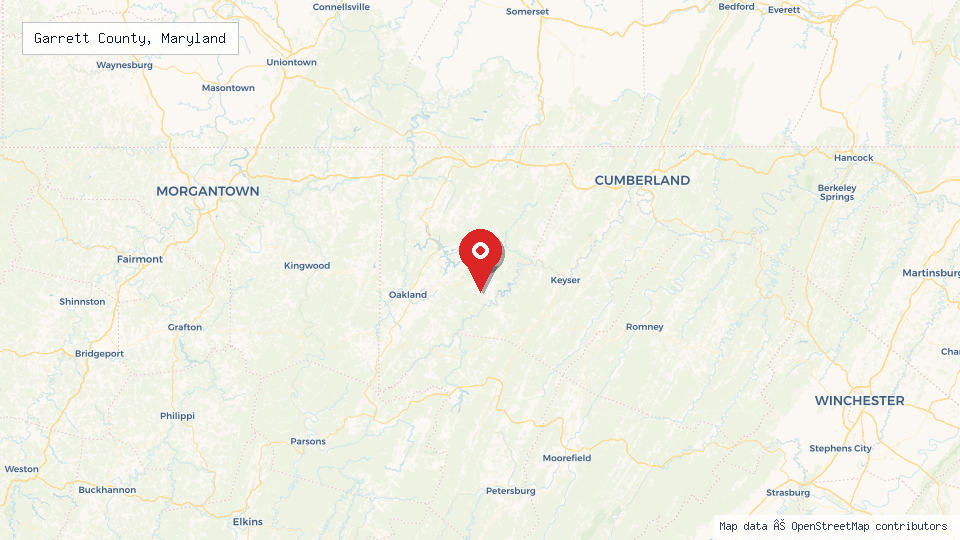 Street map of Garrett County, Maryland with location pin
