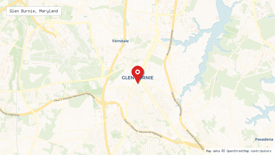 Street map of Glen Burnie, Maryland with location pin