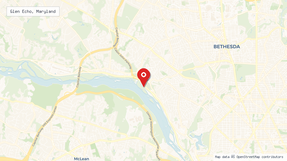 Street map of Glen Echo, Maryland with location pin