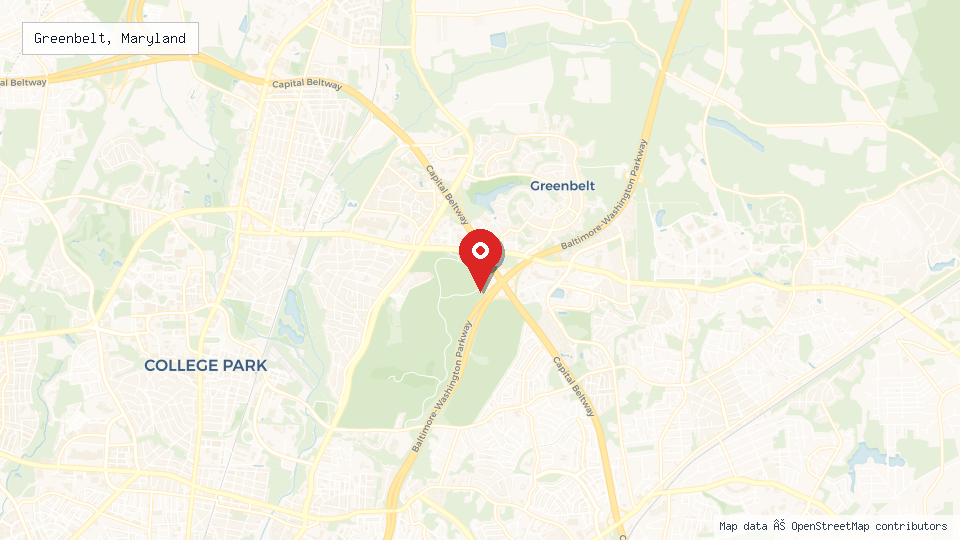 Street map of Greenbelt, Maryland with location pin