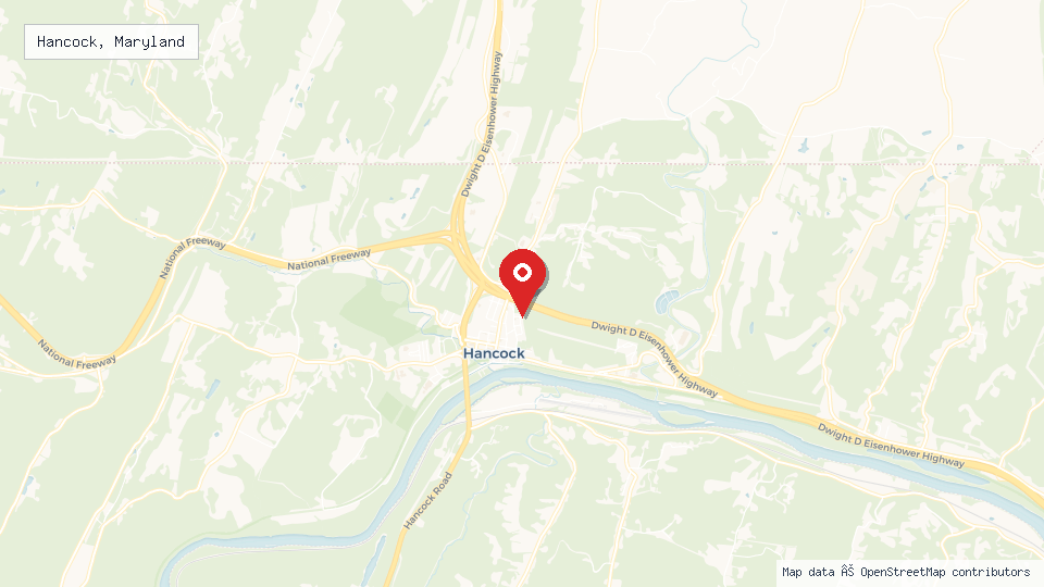 Street map of Hancock, Maryland with location pin