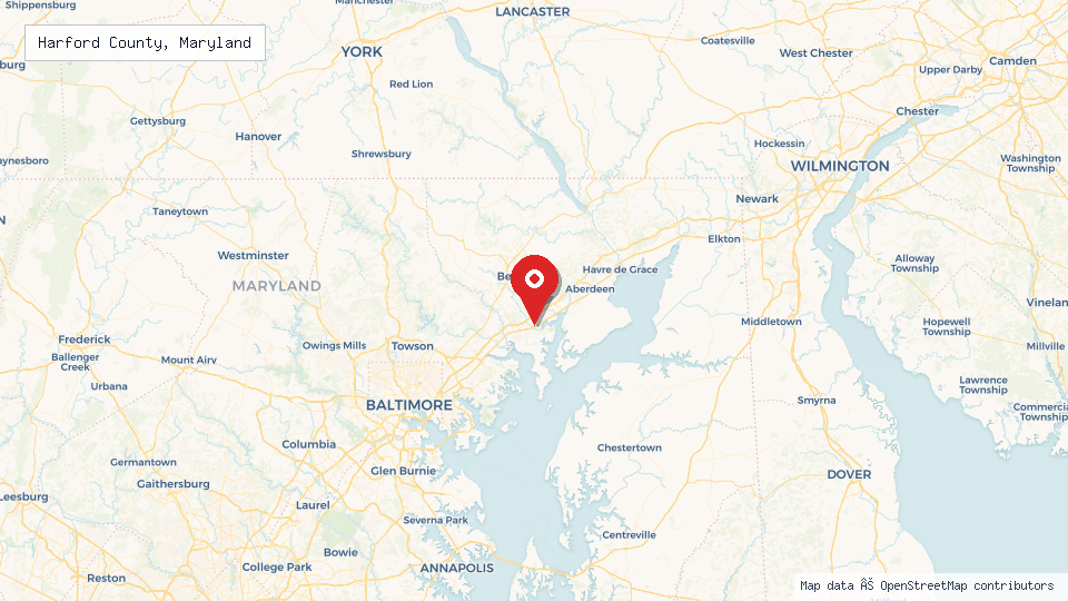 Street map of Harford County, Maryland with location pin