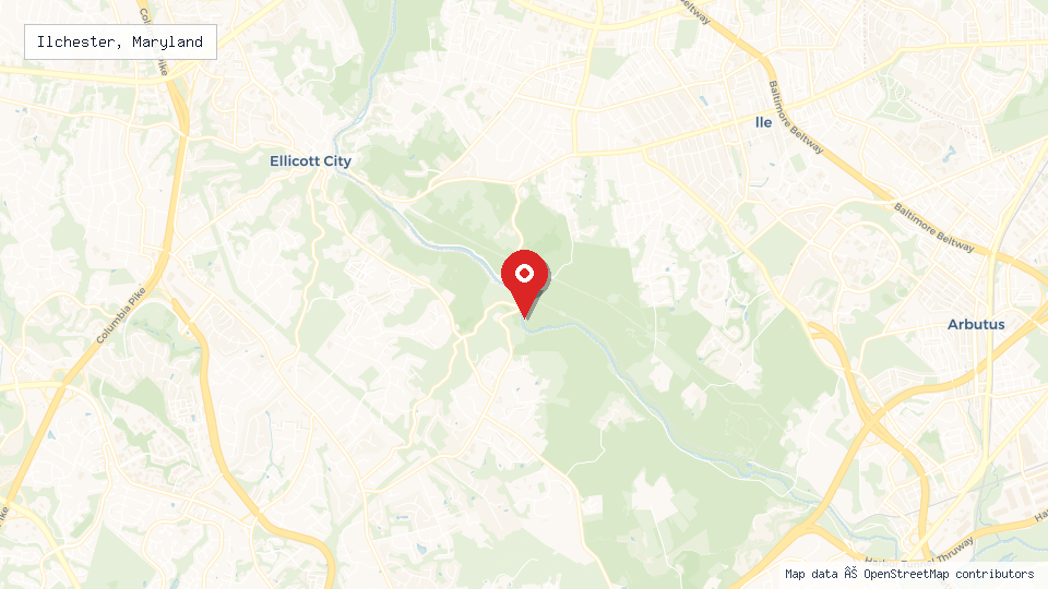 Street map of Ilchester, Maryland with location pin