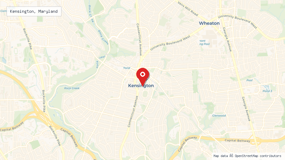 Street map of Kensington, Maryland with location pin