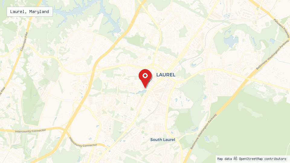 Street map of Laurel, Maryland with location pin