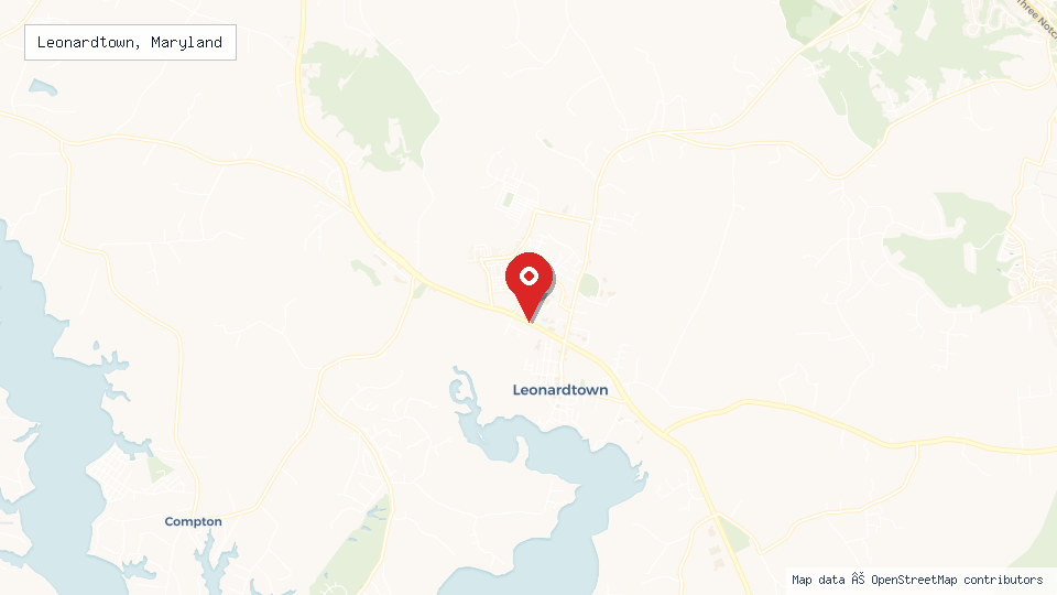Street map of Leonardtown, Maryland with location pin