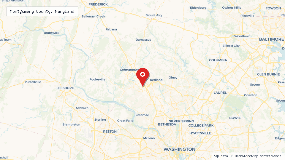 Street map of Montgomery County, Maryland with location pin