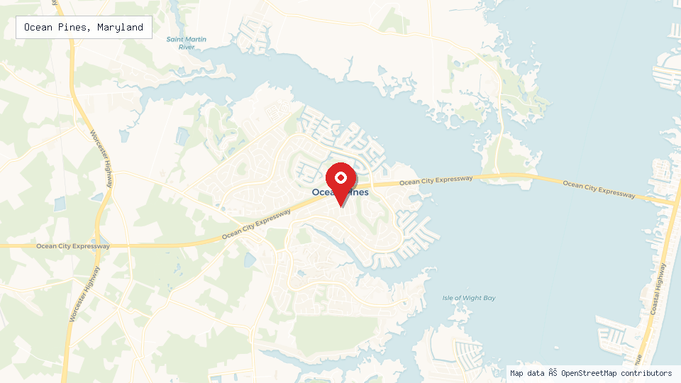 Street map of Ocean Pines, Maryland with location pin