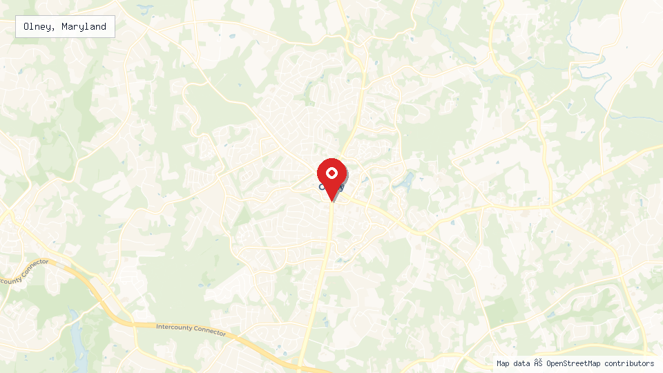 Street map of Olney, Maryland with location pin