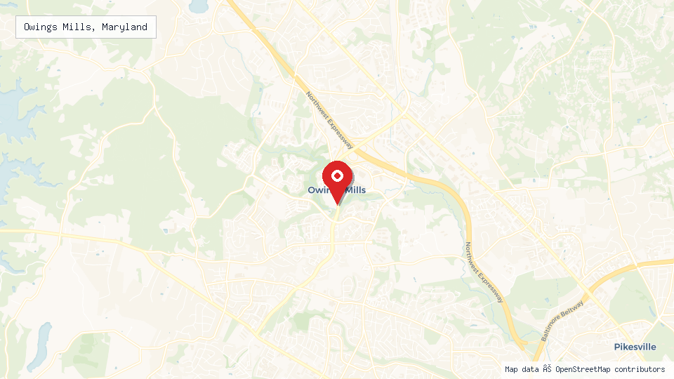 Street map of Owings Mills, Maryland with location pin