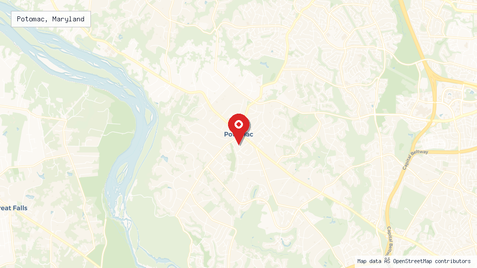 Street map of Potomac, Maryland with location pin