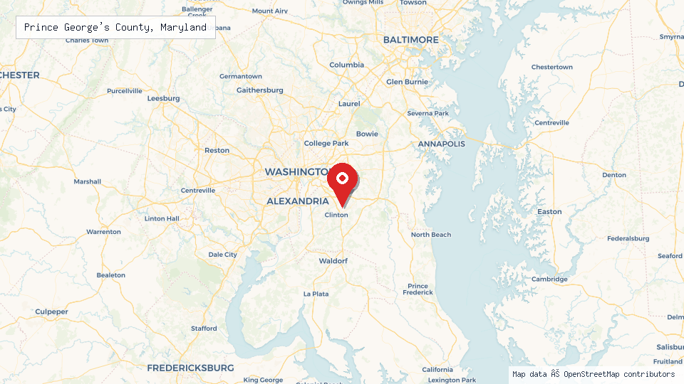 Street map of Prince George's County, Maryland with location pin