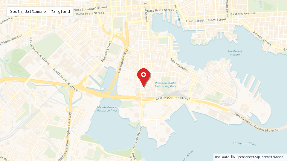 Street map of South Baltimore, Maryland with location pin