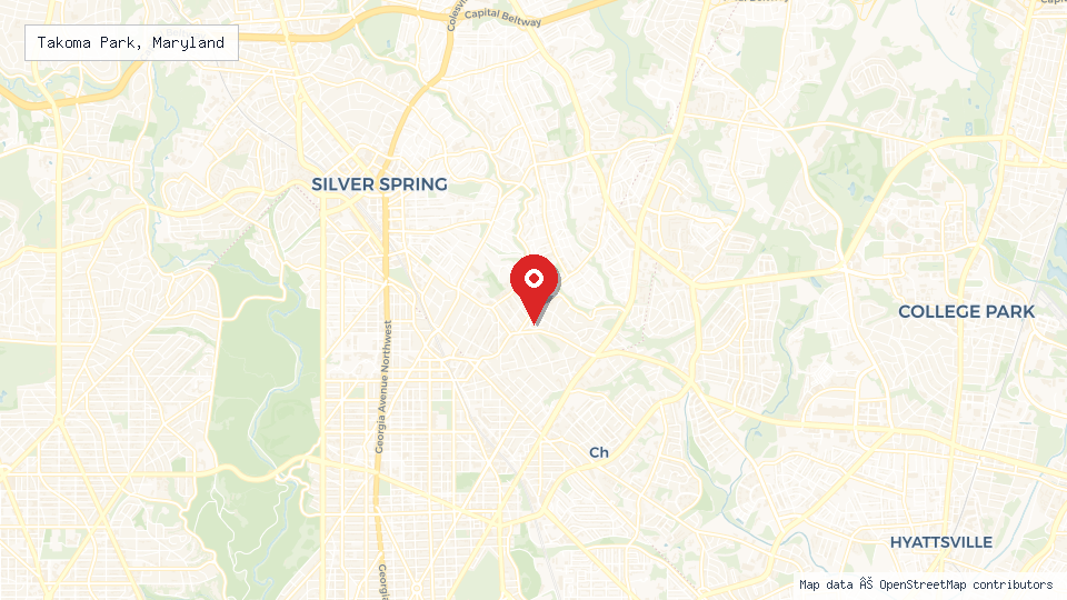 Street map of Takoma Park, Maryland with location pin