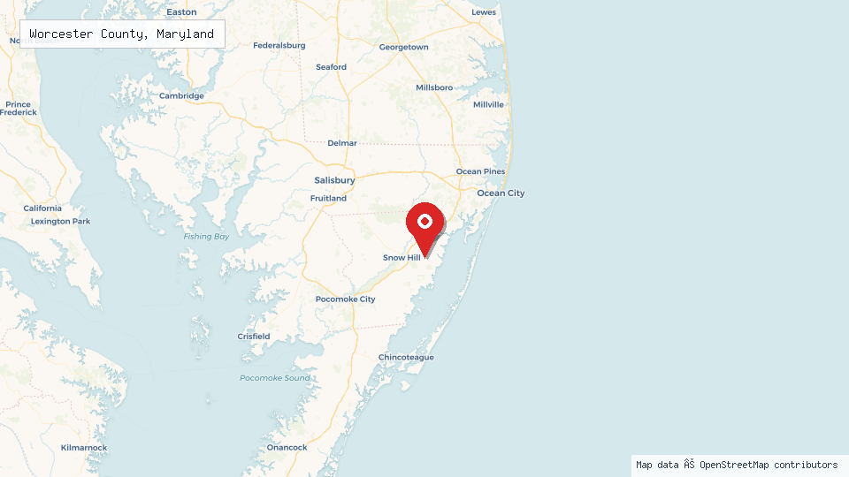 Street map of Worcester County, Maryland with location pin