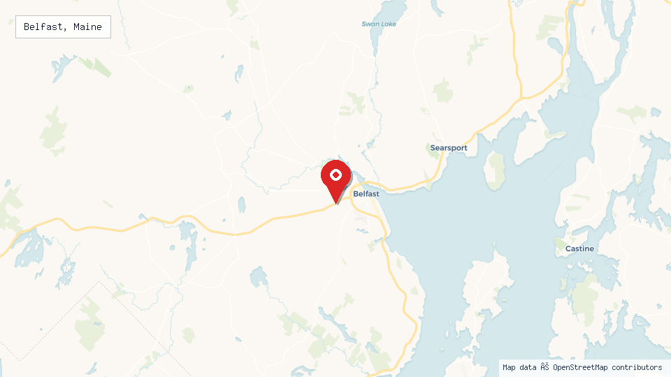 Street map of Belfast, Maine with location pin
