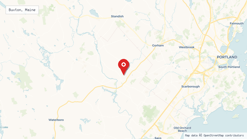 Street map of Buxton, Maine with location pin