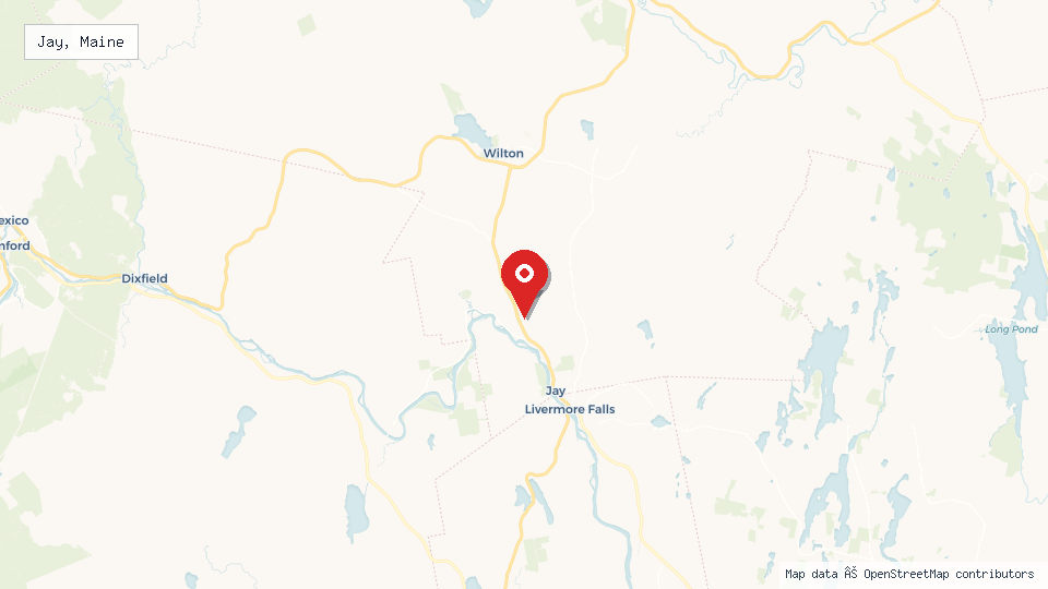 Street map of Jay, Maine with location pin