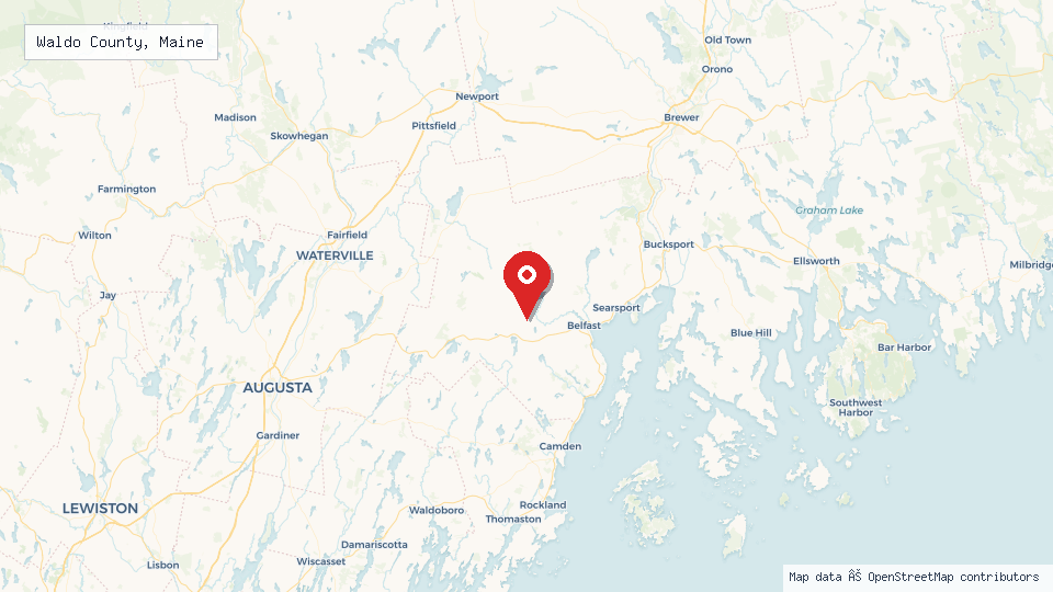 Street map of Waldo County, Maine with location pin