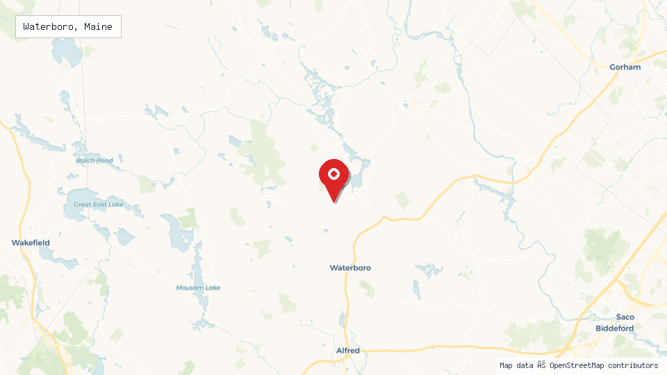 Street map of Waterboro, Maine with location pin