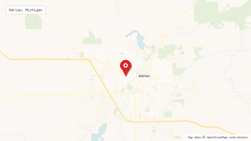 Street map of Adrian, Michigan with location pin