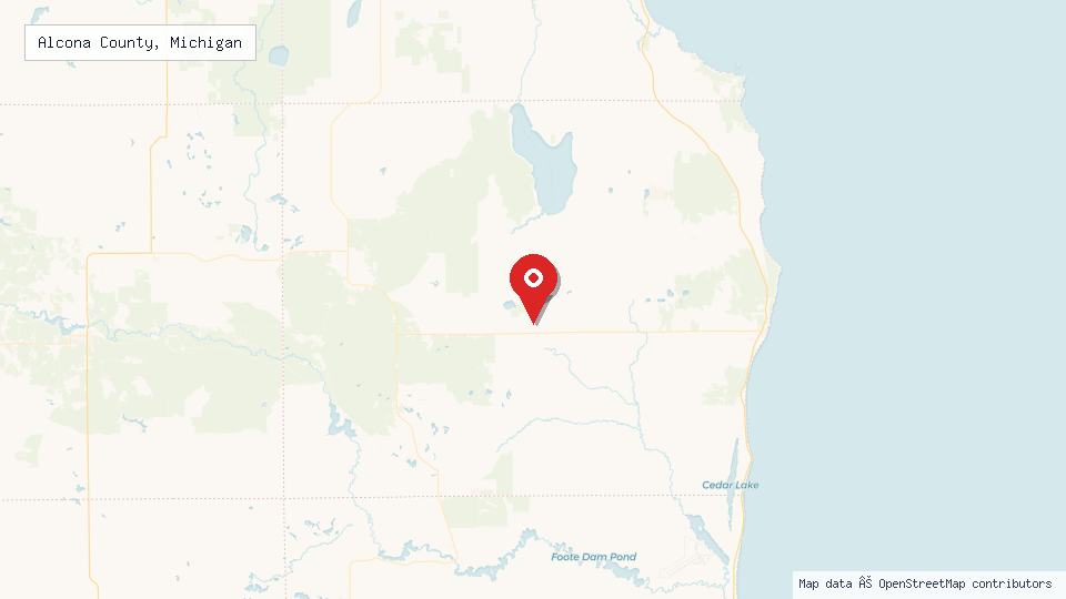 Street map of Alcona County, Michigan with location pin