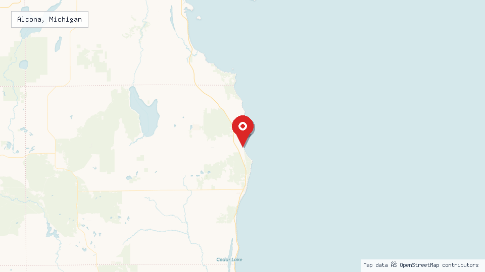 Street map of Alcona, Michigan with location pin