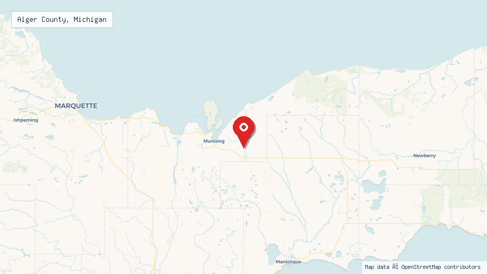 Street map of Alger County, Michigan with location pin