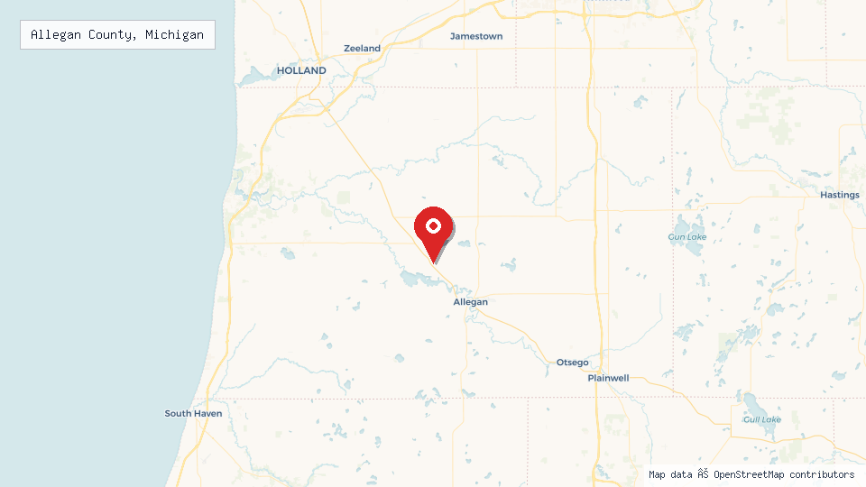 Street map of Allegan County, Michigan with location pin