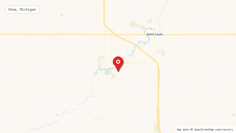 Street map of Alma, Michigan with location pin