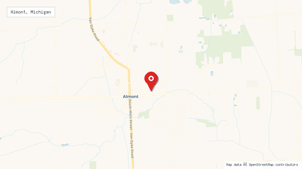 Street map of Almont, Michigan with location pin