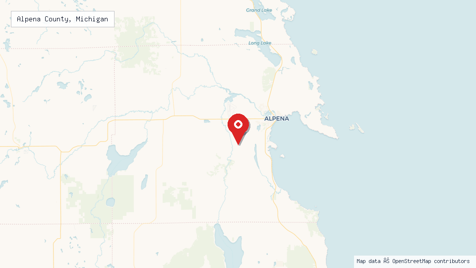 Street map of Alpena County, Michigan with location pin
