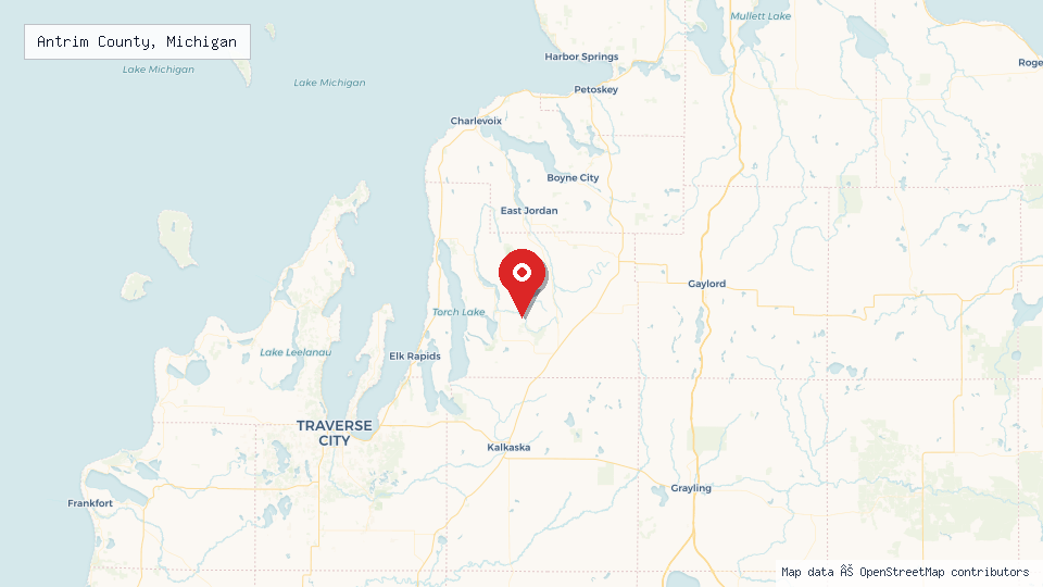 Street map of Antrim County, Michigan with location pin