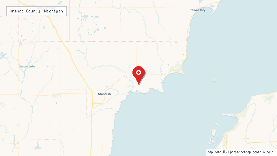 Street map of Arenac County, Michigan with location pin