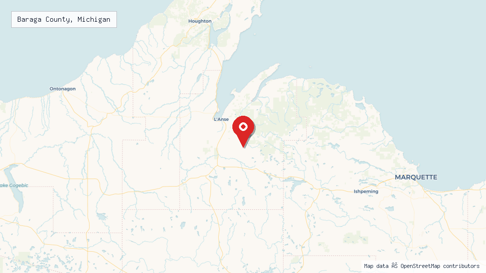 Street map of Baraga County, Michigan with location pin