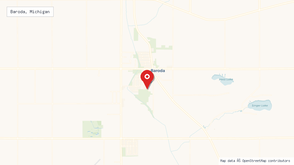 Street map of Baroda, Michigan with location pin