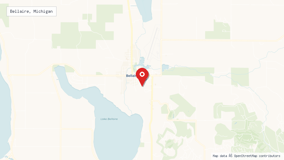 Street map of Bellaire, Michigan with location pin