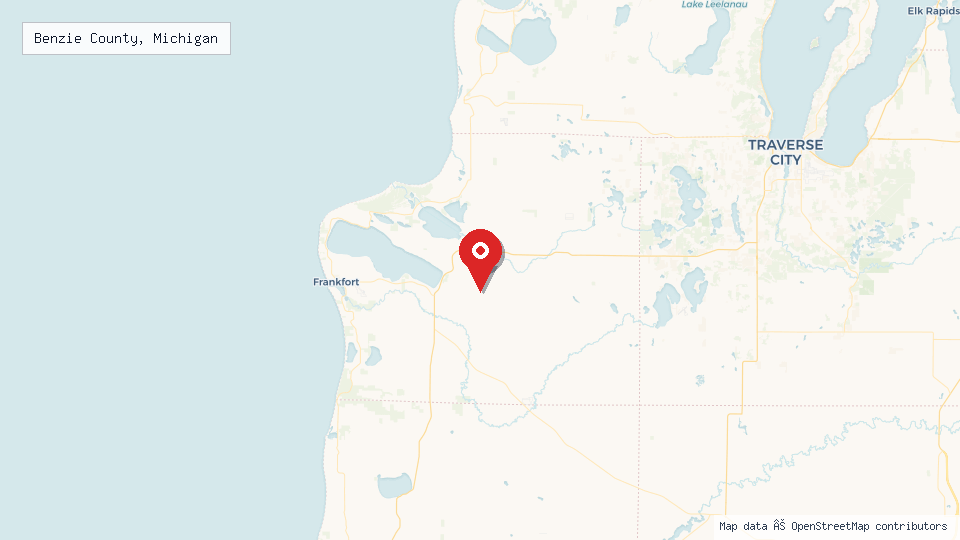 Street map of Benzie County, Michigan with location pin